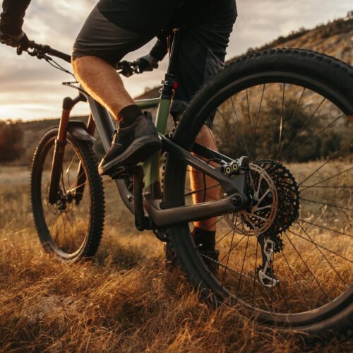 Crop bicyclist riding bike offroad